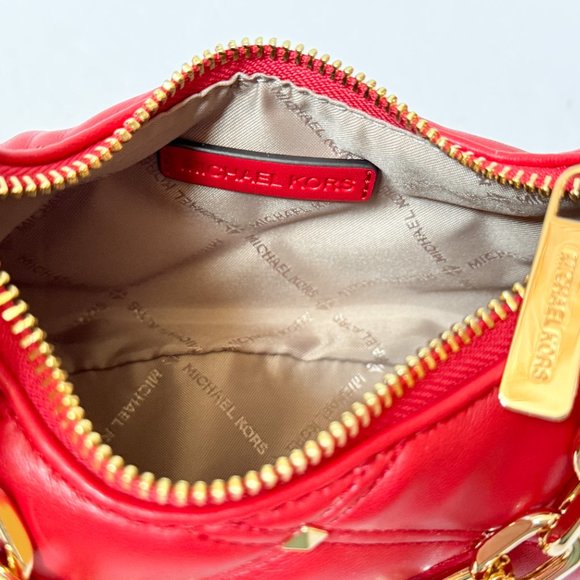 Michael Kors CORA XS MINI Shoulder Crossbody Bag Quilted Bright Red/Gold - Picture 9 of 14